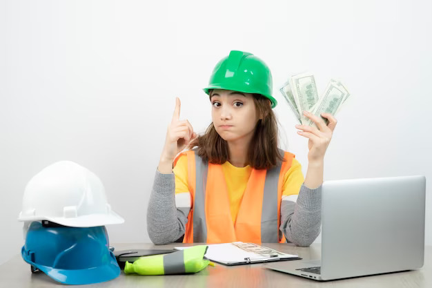 worker female orange vest green helmet sitting desk high quality photo 2831 9719